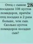 Отец с сыном 28 посадили 108 кустов помидоров, причём отец посадил в 2 раза больше, чем сын. Сколько кустов помидоров посадил сын?