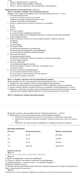 Максимальное количество баллов: 20 баллов. Часть 1. Задания с выбором ответа (базовый уровень) Выберите один правильный вариант ответа. Каждый правильный ответ — 1 балл.
