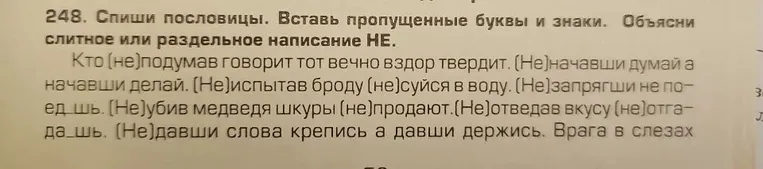 248. Спиши пословицы. Вставь пропущенные буквы и знаки. Объясни слитное или раздельное написание НЕ.
