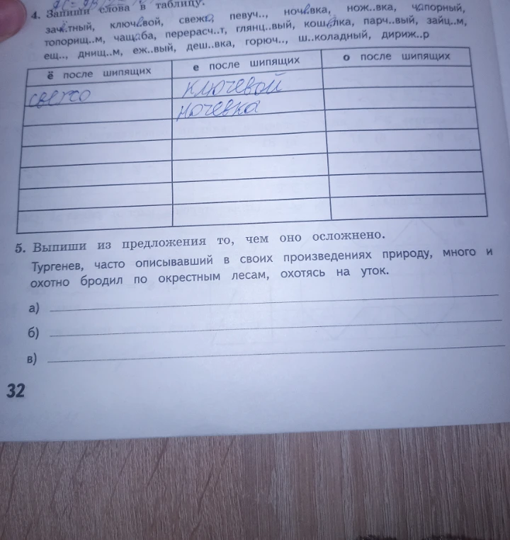 Запиши слова в таблицу. Выпиши из предложения то, чем оно осложнено.