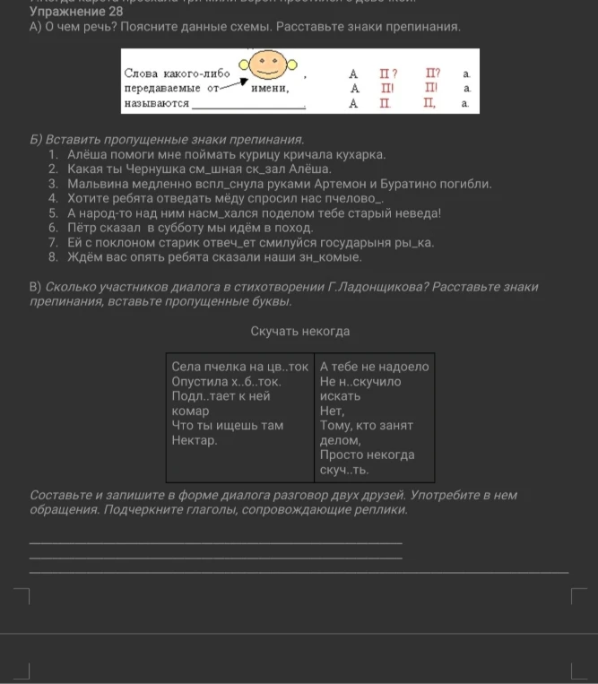 Упражнение 28: А) О чем речь? Поясните данные схемы. Расставьте знаки препинания.