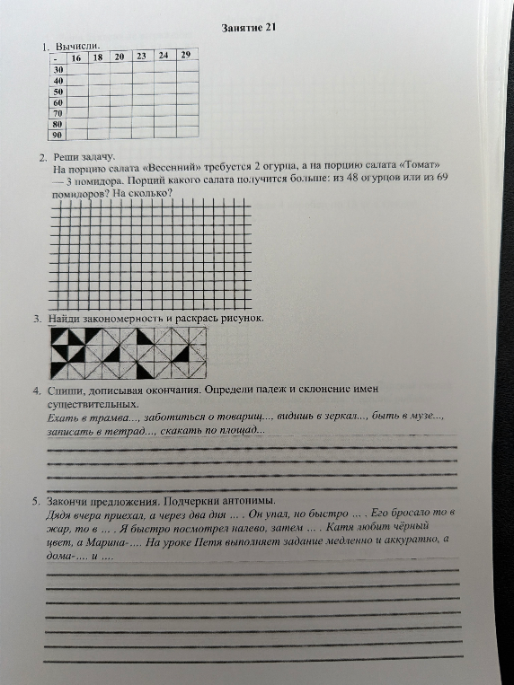 1. Вычисли. 2. Реши задачу. 3. Найди закономерность и раскрась рисунок. 4. Спиши, дописывая окончания. 5. Закончи предложения.