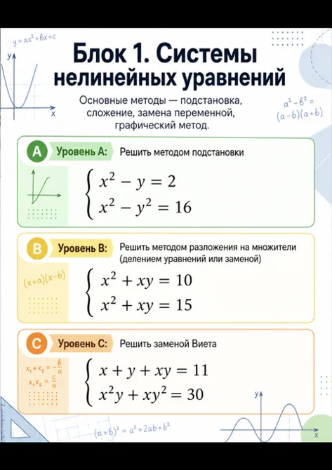 Решить систему уравнений: { x^2 - y = 2, x^2 - y^2 = 16 }, { x^2 + xy = 10, x^2 + xy = 15 }, { x + y + xy = 11, x^2 y + xy^2 = 30 }