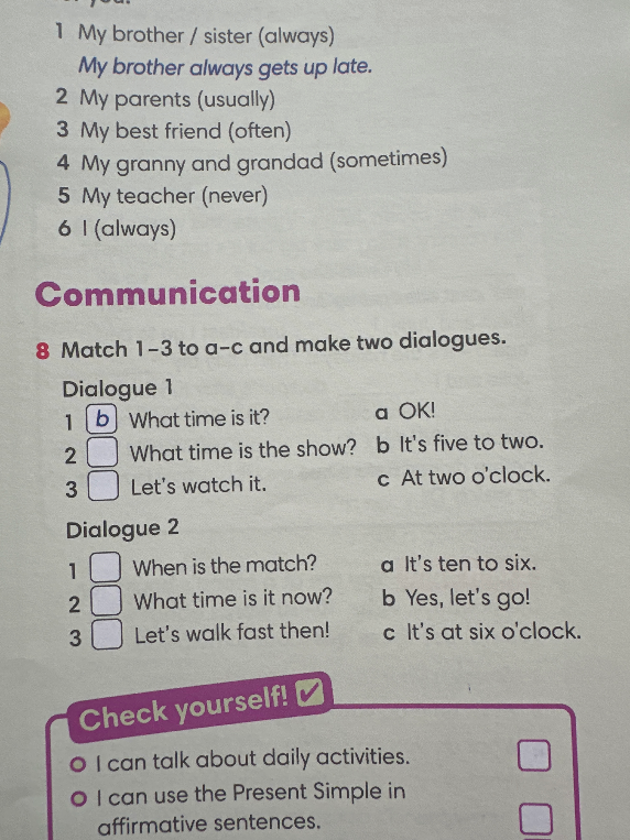 Match 1-3 to a-c and make two dialogues.