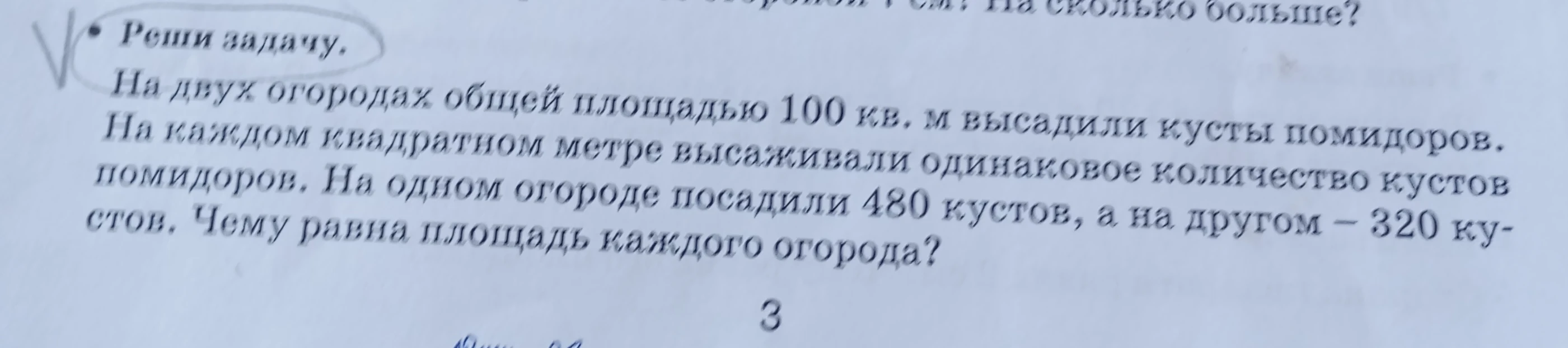 На двух огородах общей площадью 100 кв. м высадили кусты помидоров. На каждом квадратном метре высаживали одинаковое количество кустов помидоров. На одном огороде посадили 480 кустов, а на другом — 320 кустов. Чему равна площадь каждого огорода?