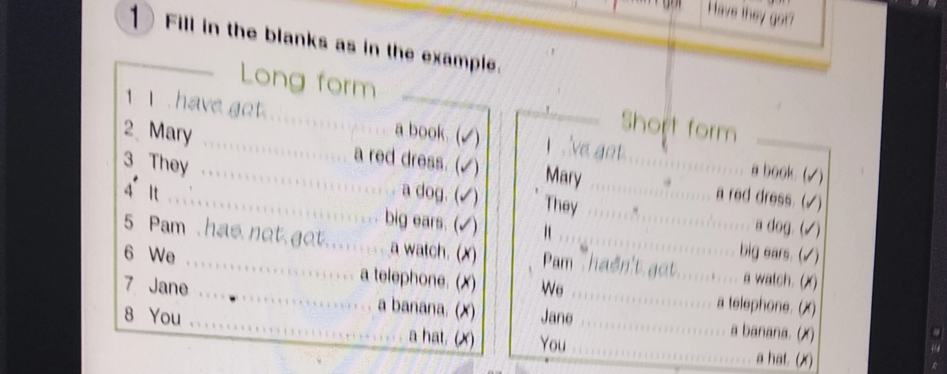 Fill in the blanks as in the example.