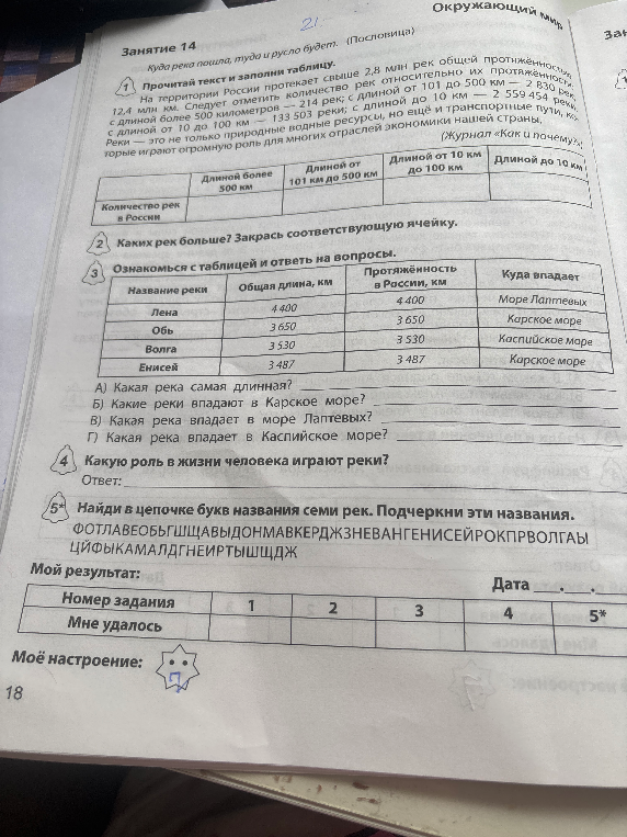 Прочитай текст и заполни таблицу. На территории России протекает свыше 2,8 млн рек общей протяжённостью 12,4 млн км.