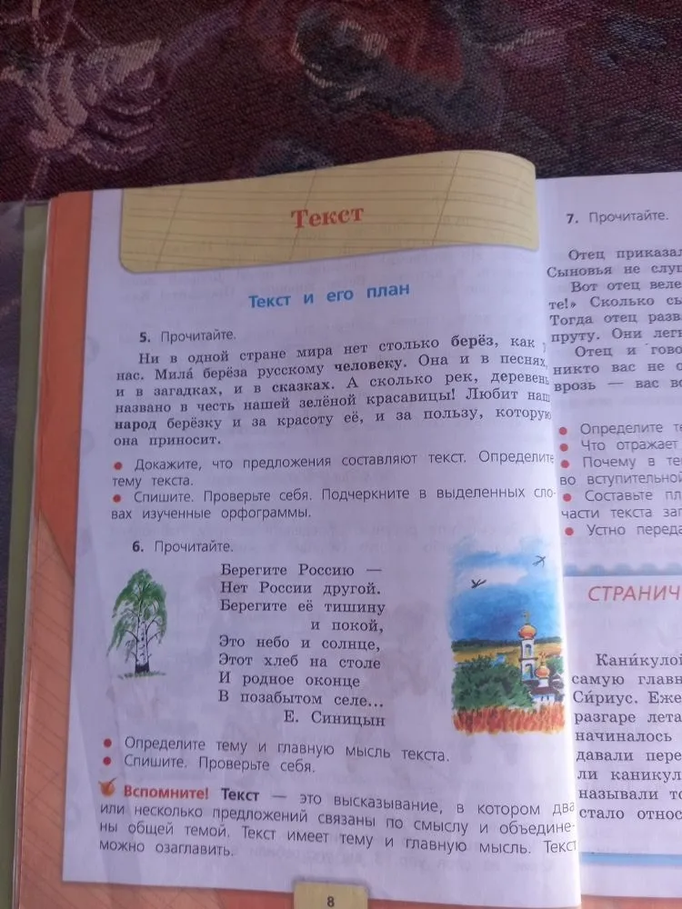 Прочитайте. Ни в одной стране мира нет столько берёз, как у нас. Мила берёза русскому человеку. Она и в песнях, и в загадках, и в сказках. А сколько рек, деревень названо в честь нашей зелёной красавицы! Любит наш народ берёзку и за красоту её, и за пользу, которую она приносит.