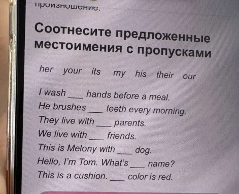 Соотнесите предложенные местоимения с пропусками