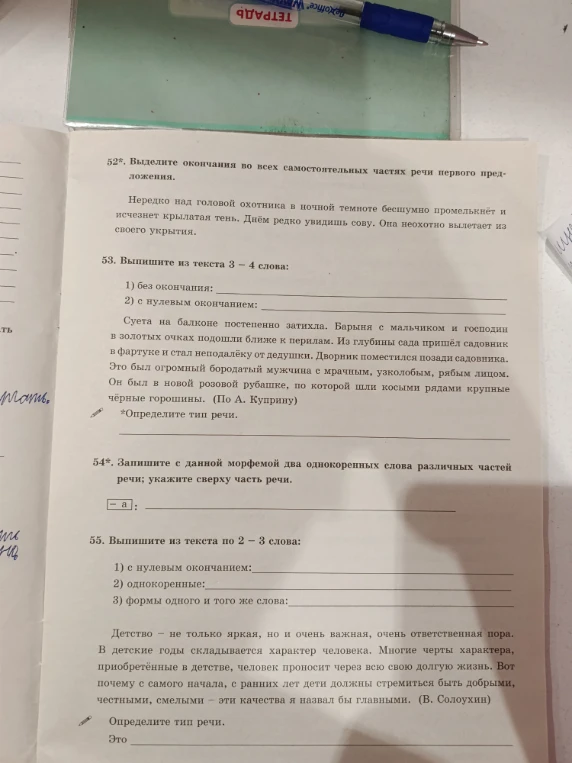 52*. Выделите окончания во всех самостоятельных частях речи первого предложения.