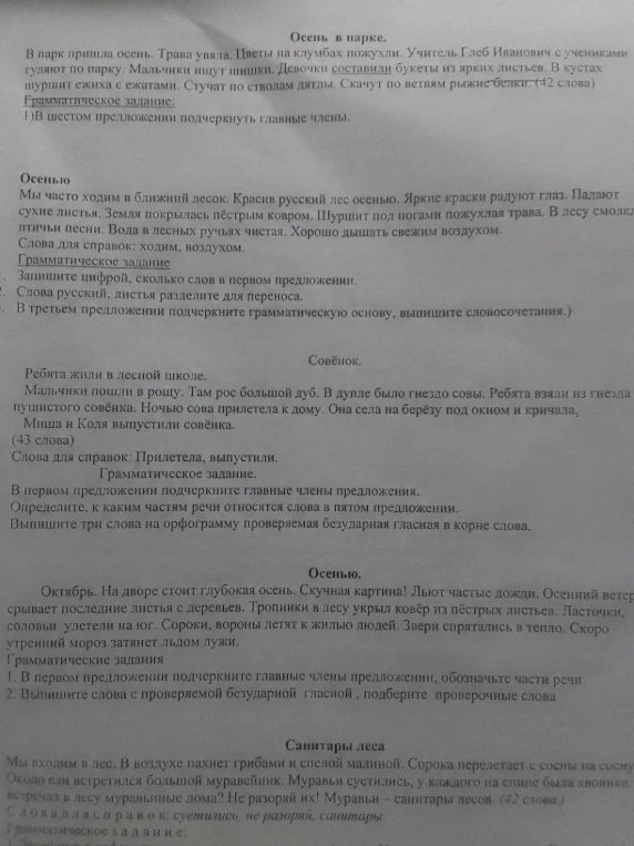 В парк пришла осень. Трава увяла. Цветы на клумбах пожухли. Учитель Глеб Иванович с учениками гуляют по парку. Мальчики ищут шишки. Девочки составили букеты из ярких листьев. В кустах шуршит ежиха с ежатами. Стучат по стволам дятлы. Скачут по ветвям рыжие белки. (42 слова) Грамматическое задание: 1)В шестом предложении подчеркнуть главные члены.