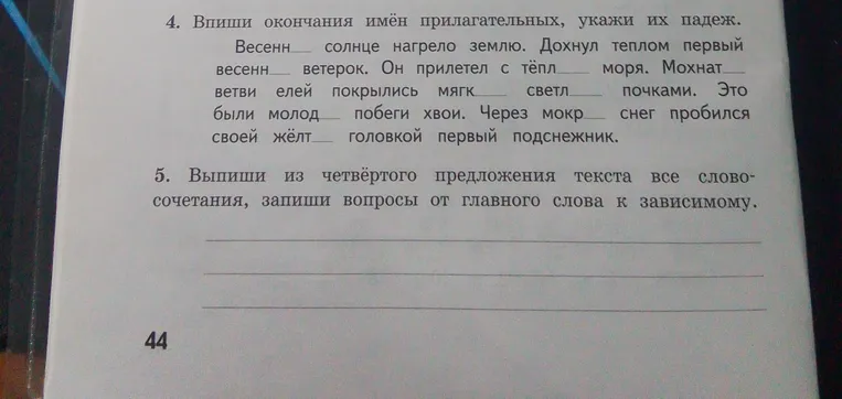 4. Впиши окончания имён прилагательных, укажи их падеж. Весенн__ солнце нагрело землю.