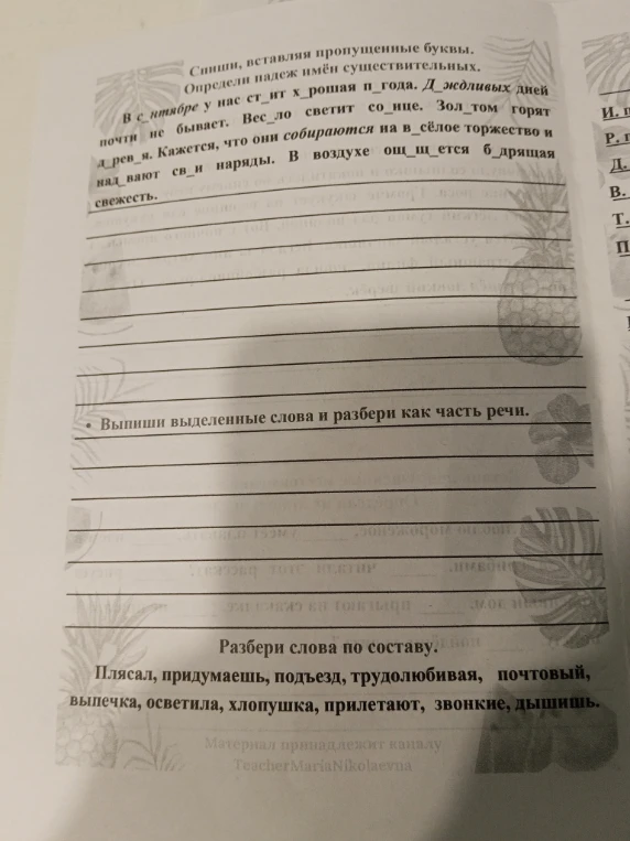 Спиши, вставляя пропущенные буквы. Определи падеж имён существительных.