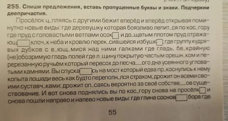 Спиши предложения, вставь пропущенные буквы и знаки. Подчеркни деепричастия.