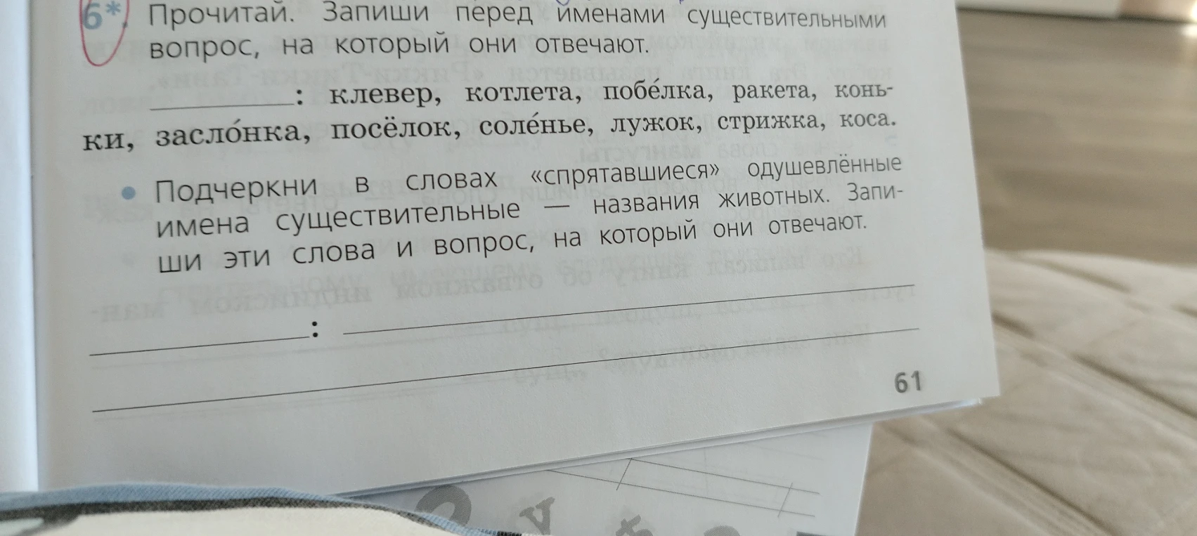 Прочитай. Запиши перед именами существительными вопрос, на который они отвечают. : клевер, котлета, побелка, ракета, коньки, заслонка, посёлок, соленье, лужок, стрижка, коса.