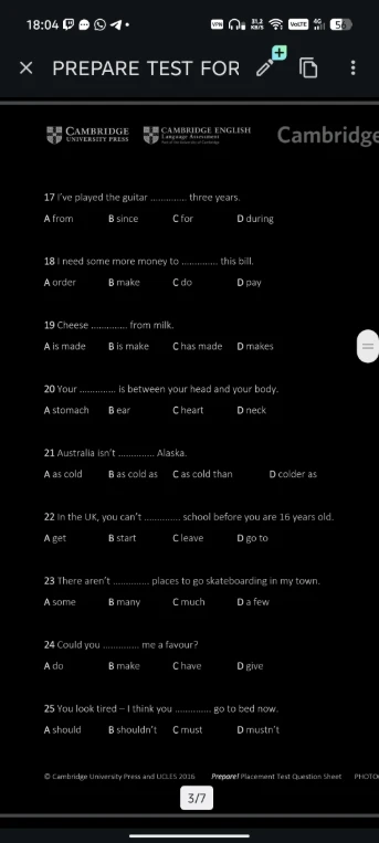 17 I've played the guitar ............. three years.