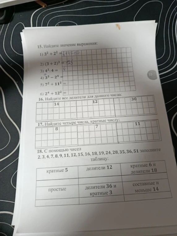 15. Найдите значение выражения: 1) 3^2 + 2^2... 18. С помощью чисел 2, 3, 4, 7, 8, 9, 11, 12, 15, 16, 18, 19, 24, 28, 35, 36, 51 заполните таблицу:
