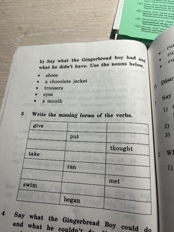 b) Say what the Gingerbread boy had and what he didn't have. Use the nouns below.
