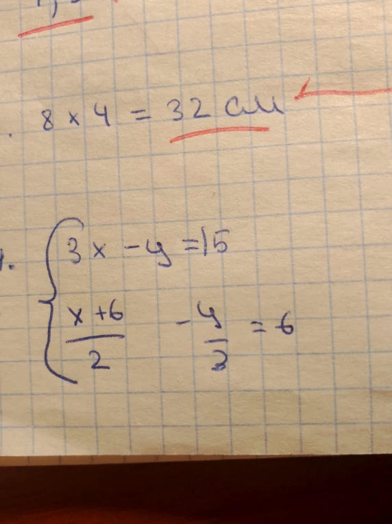 3x - y = 15; (x + 6) / 2 - y / 3 = 6