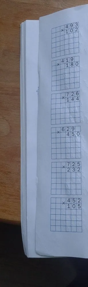 Решение примеров на умножение в столбик: 493 × 102, 419 × 180, 726 × 144, 629 × 450, 725 × 232, 452 × 105.