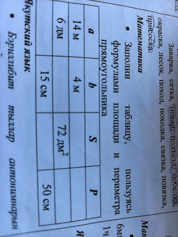 Заполни таблицу, пользуясь формулами площади и периметра прямоугольника