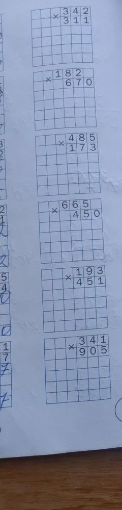 Выполни умножение в столбик: 342 * 311, 182 * 670, 485 * 173, 665 * 450, 193 * 451, 341 * 905.