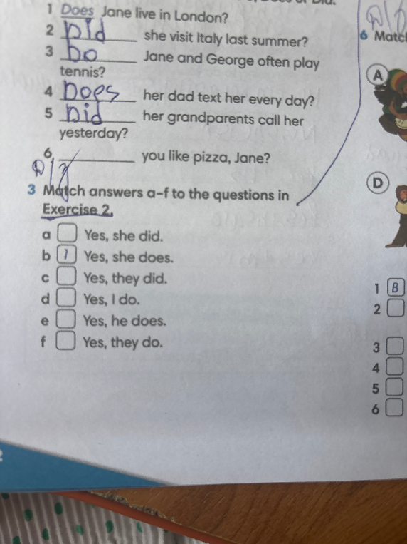 Match answers a-f to the questions in Exercise 2.