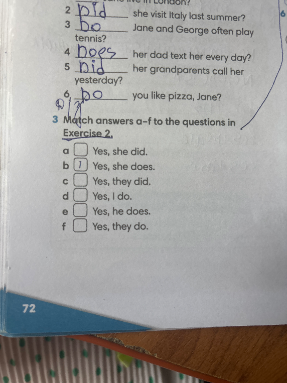 Match answers a-f to the questions in Exercise 2.