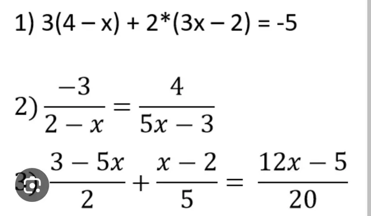 1) 3(4 - x) + 2(3x - 2) = -5