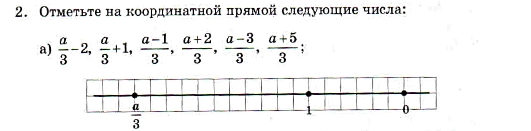 2. Отметьте на координатной прямой следующие числа: а) a/3-2, a/3+1, (a-1)/3, (a+2)/3, (a-3)/3, (a+5)/3