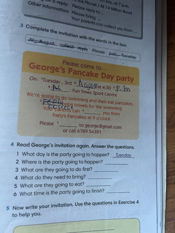 Read George's invitation again. Answer the questions.