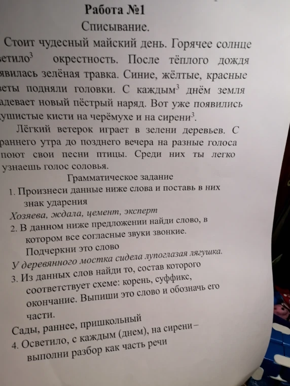 Работа №1. Списывание. Стоит чудесный майский день. Горячее солнце светило окрестность. После тёплого дождя явилась зелёная травка. Синие, жёлтые, красные цветы подняли головки. С каждым днём земля надевает новый пёстрый наряд. Вот уже появились душистые кисти на черёмухе и на сирени.