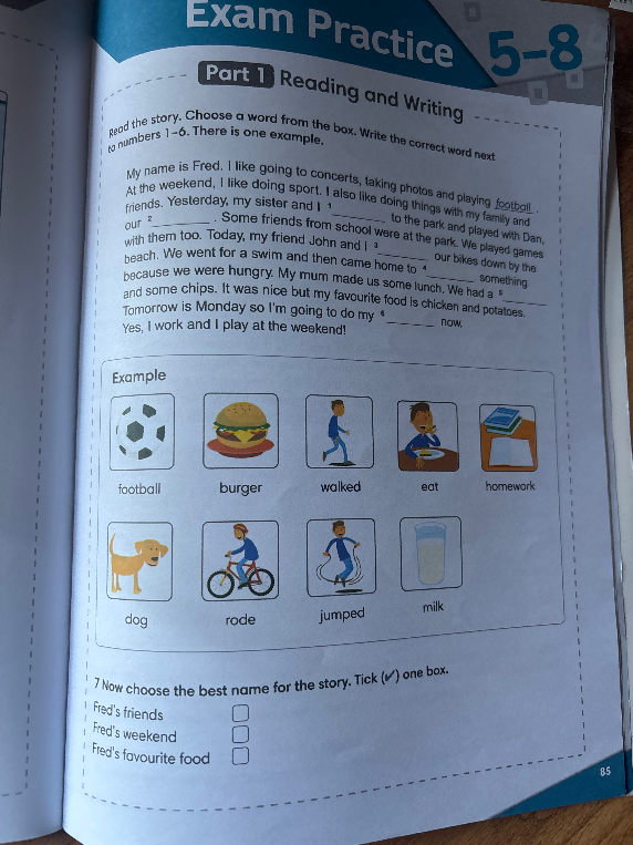 Read the story. Choose a word from the box. Write the correct word next to numbers 1–6.
