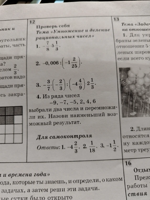 Проверь себя. Тема «Умножение и деление рациональных чисел». 1. $-\frac{7}{8} \cdot 5\frac{1}{3}$.