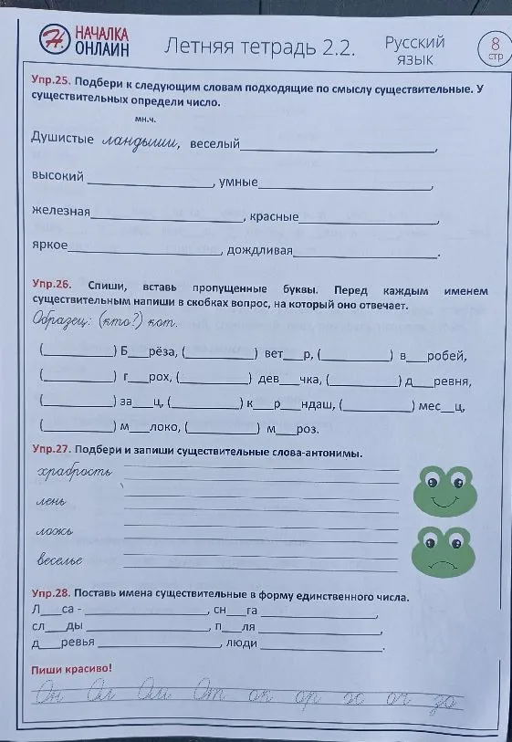 Упр.25. Подбери к следующим словам подходящие по смыслу существительные. У существительных определи число.