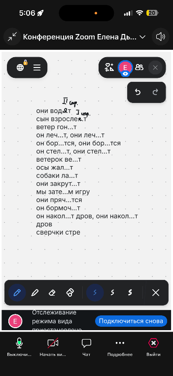они водят I спр. сын взрослеет ветер гонит он лечит, они лечат он борются, они борются он стелет, они стелет ветерок веет осы жалят собаки лают они закрутят мы затеем игру они прячутся он бормочет он наколет дров, они наколют дров сверчки стрекочут