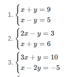 Решите системы уравнений:
1. {x + y = 9, x - y = 5}
2. {2x - y = 3, x + y = 6}
3. {3x + y = 10, x - 2y = -5}