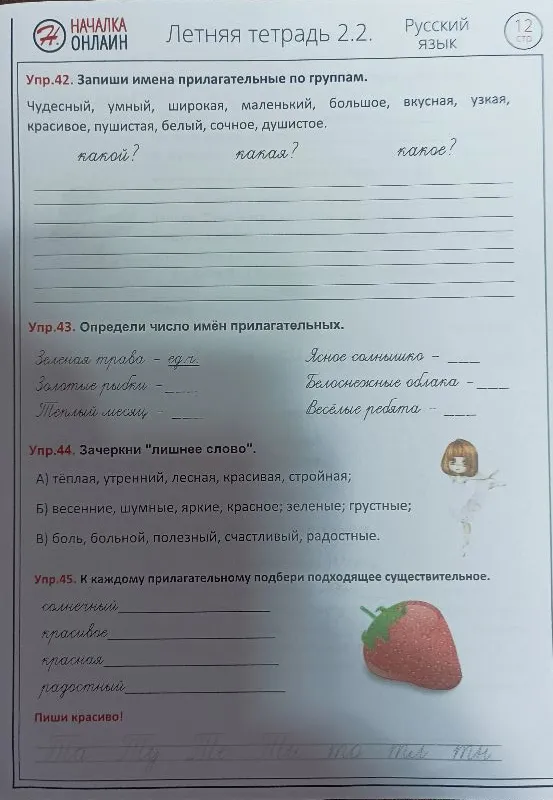 Упр.42. Запиши имена прилагательные по группам. Чудесный, умный, широкая, маленький, большое, вкусная, узкая, красивое, пушистая, белый, сочное, душистое.