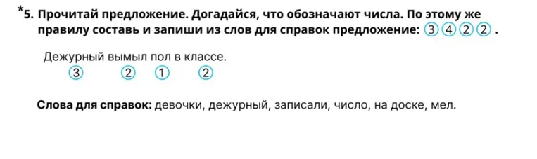 Прочитай предложение. Догадайся, что обозначают числа. По этому же правилу составь и запиши из слов для справок предложение: (3) (4) (2) (2) .