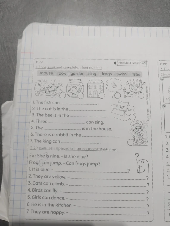 1. Look, read and complete. Then number.