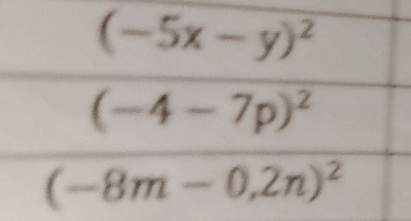 (-5x - y)^2, (-4 - 7p)^2, (-8m - 0,2n)^2