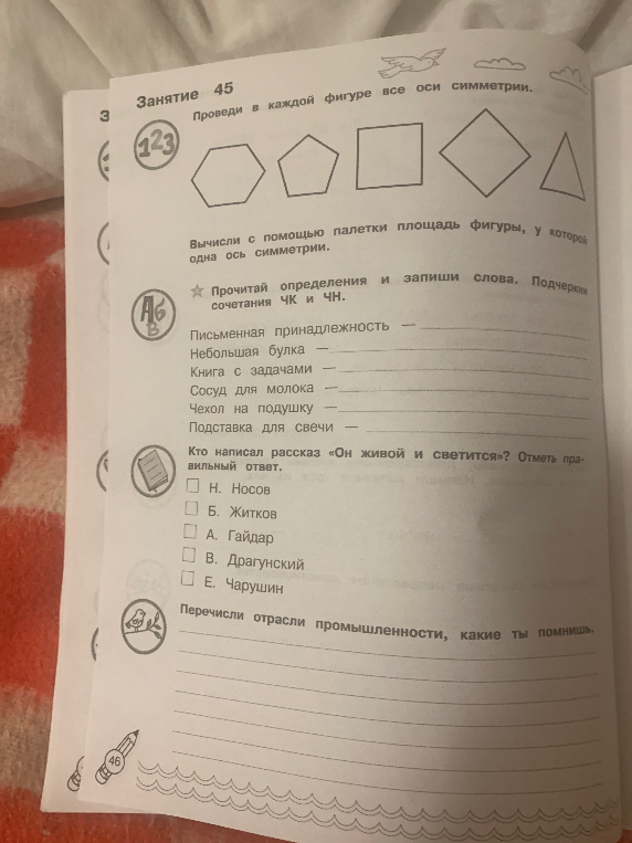 Проведи в каждой фигуре все оси симметрии.