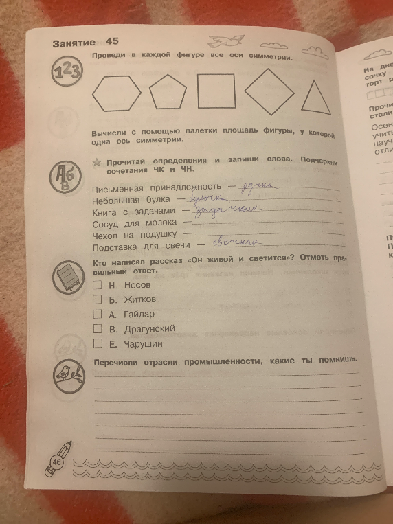Проведи в каждой фигуре все оси симметрии.