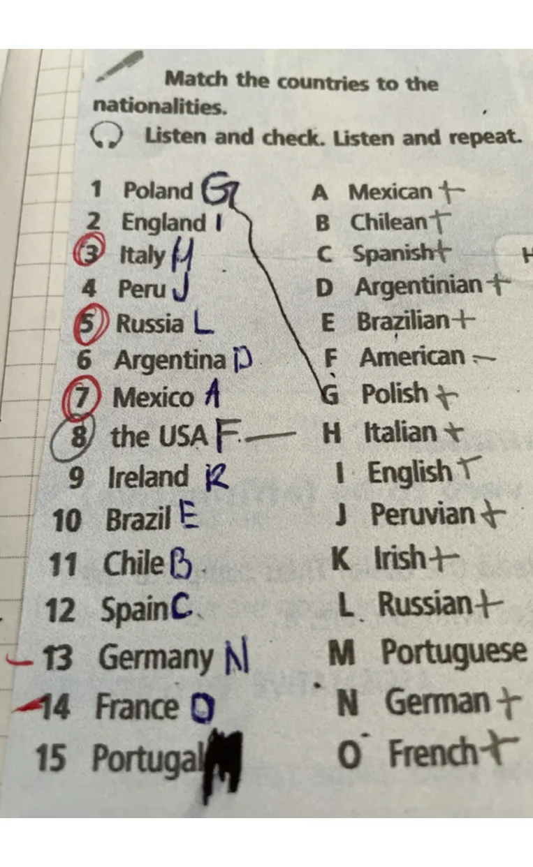 Match the countries to the nationalities.