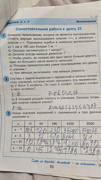 Самостоятельная работа к уроку 25. Зачеркни предложение, которое не является высказыванием. Отметь верные высказывания знаком «+», а неверные — знаком «-».