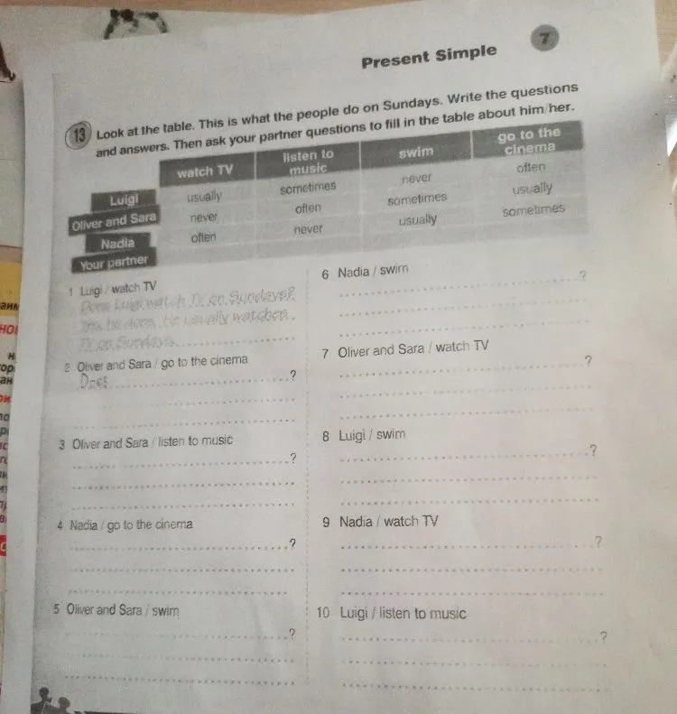 Look at the table. This is what the people do on Sundays. Write the questions and answers. Then ask your partner questions to fill in the table about him/her.