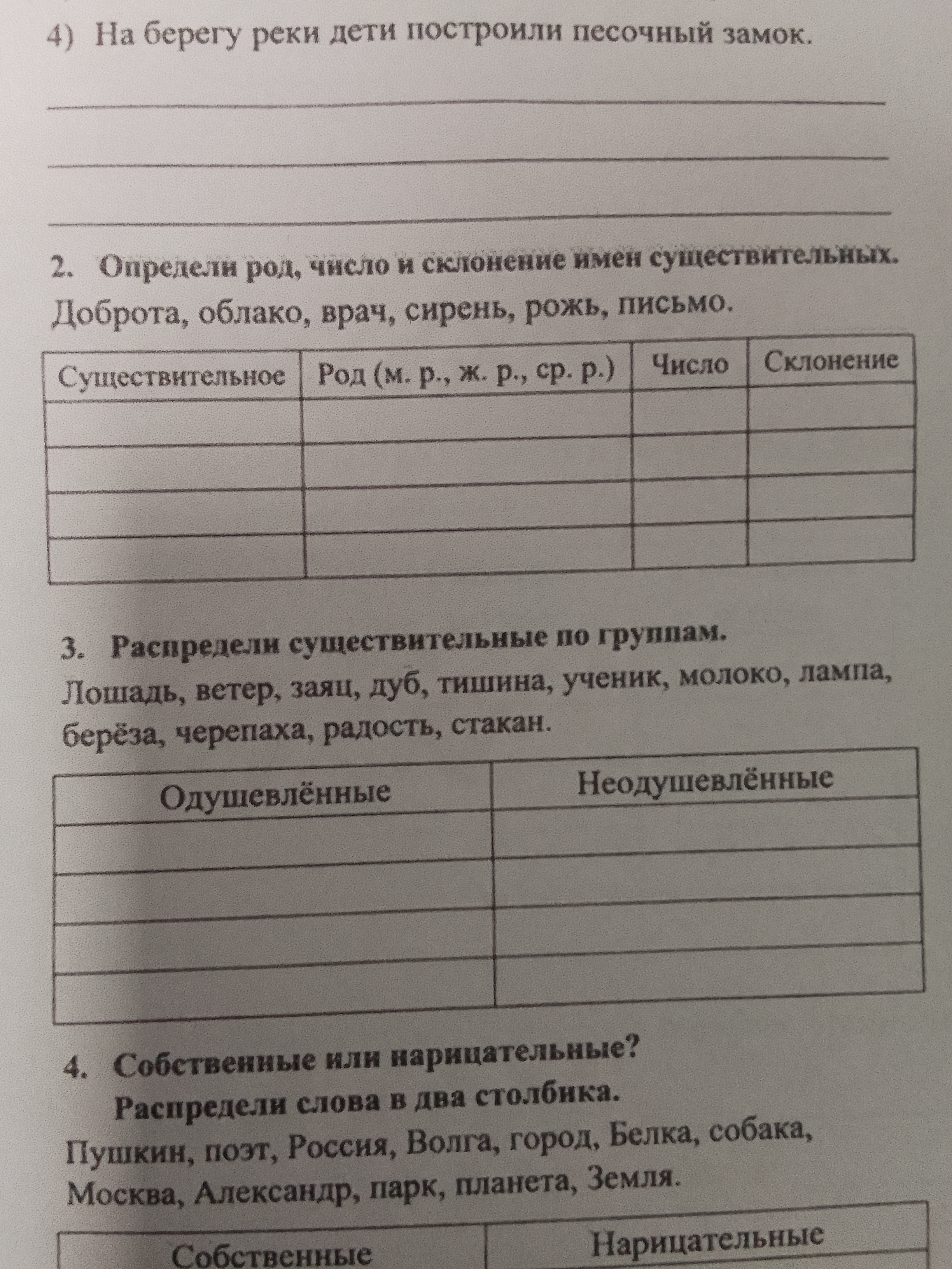 Определи род, число и склонение имен существительных. Доброта, облако, врач, сирень, рожь, письмо.