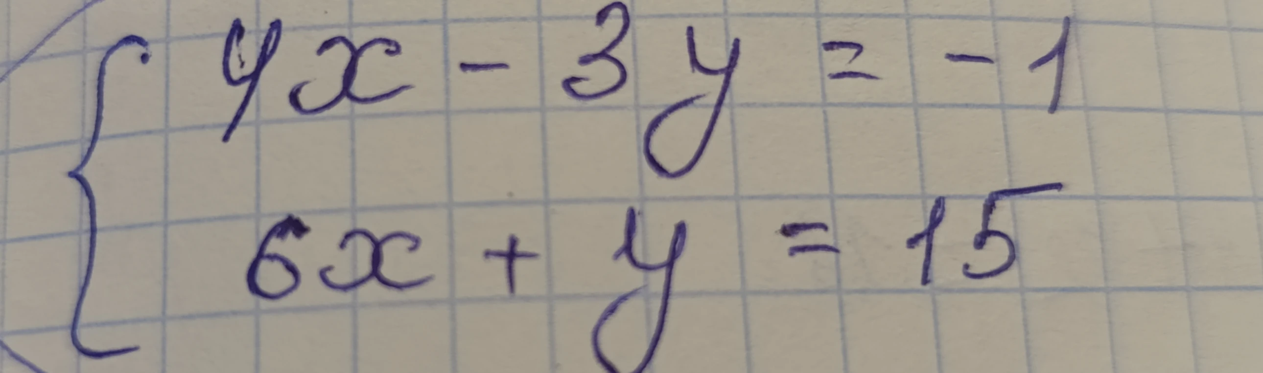 4x - 3y = -1, 6x + y = 15