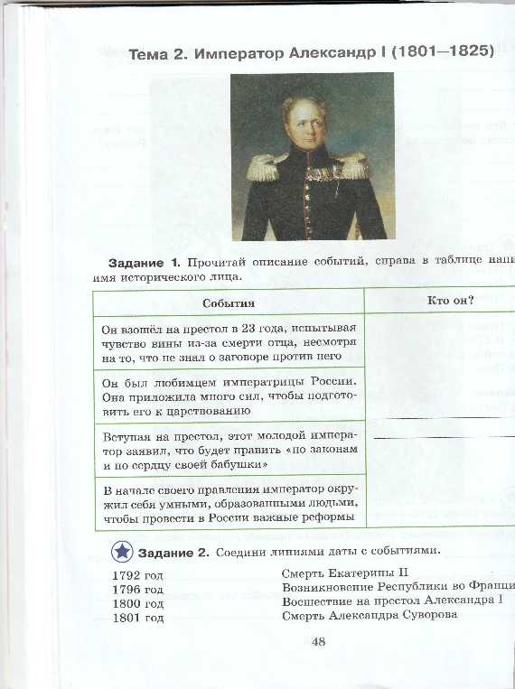 Задание 1. Прочитай описание событий, справа в таблице напиши имя исторического лица. Задание 2. Соедини линиями даты с событиями.