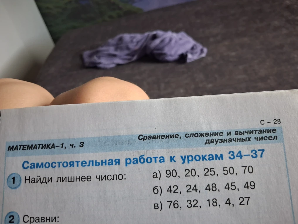 Найди лишнее число: а) 90, 20, 25, 50, 70 б) 42, 24, 48, 45, 49 в) 76, 32, 18, 4, 27